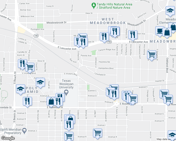 map of restaurants, bars, coffee shops, grocery stores, and more near 3404 Lynnfield Drive in Fort Worth