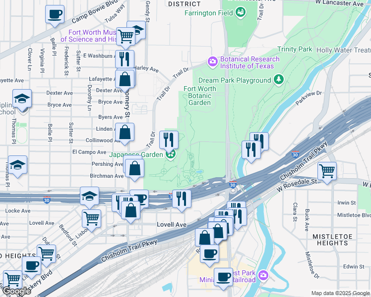 map of restaurants, bars, coffee shops, grocery stores, and more near 3220 Rock Springs Road in Fort Worth