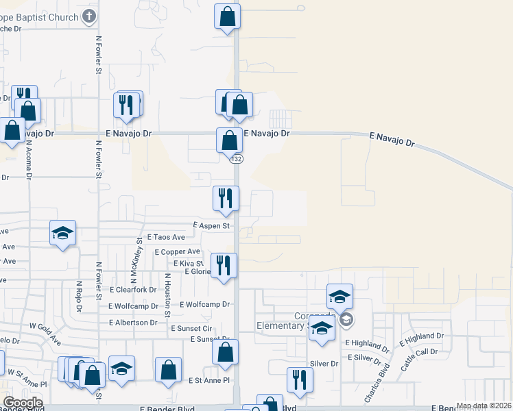 map of restaurants, bars, coffee shops, grocery stores, and more near 3320 North Dal Paso Street in Hobbs
