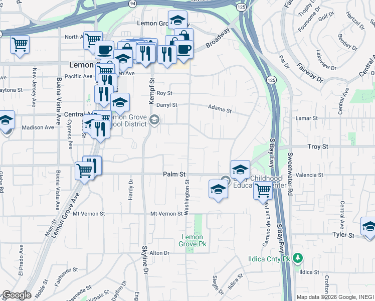 map of restaurants, bars, coffee shops, grocery stores, and more near 8154 Lawrence Lane in Lemon Grove