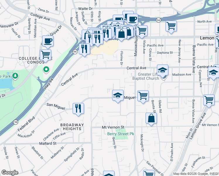 map of restaurants, bars, coffee shops, grocery stores, and more near 2784 Cornelius Place in Lemon Grove