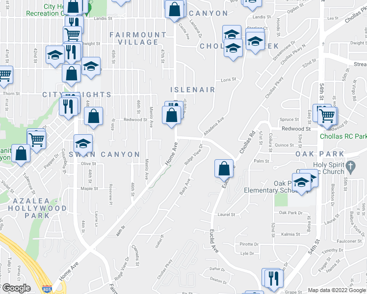 map of restaurants, bars, coffee shops, grocery stores, and more near 4765 Home Avenue in San Diego
