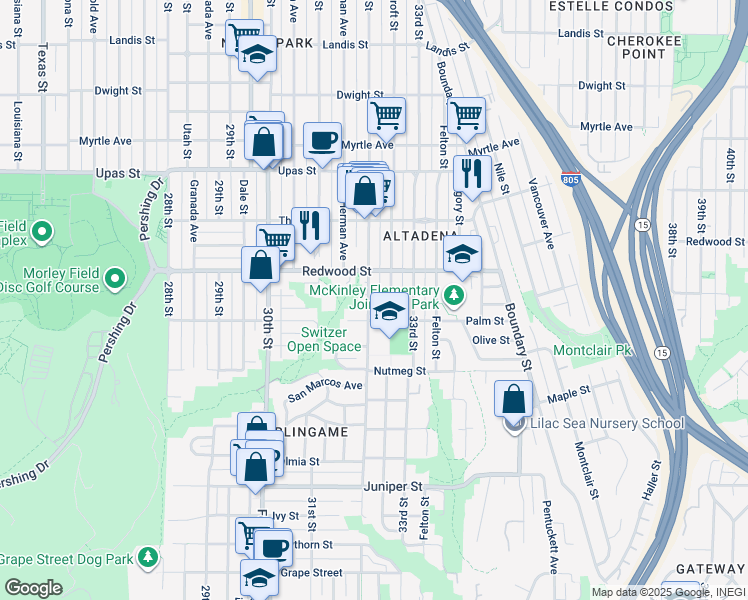 map of restaurants, bars, coffee shops, grocery stores, and more near in San Diego