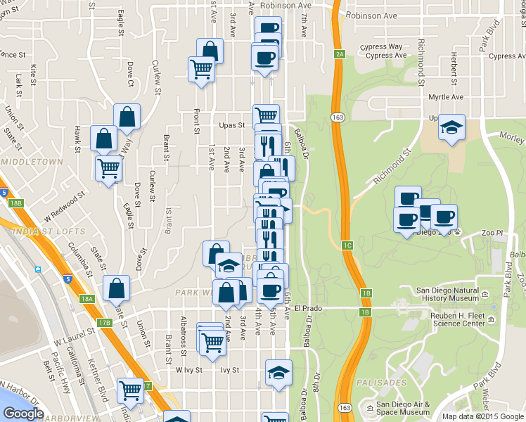 map of restaurants, bars, coffee shops, grocery stores, and more near 2930 Fifth Avenue in San Diego