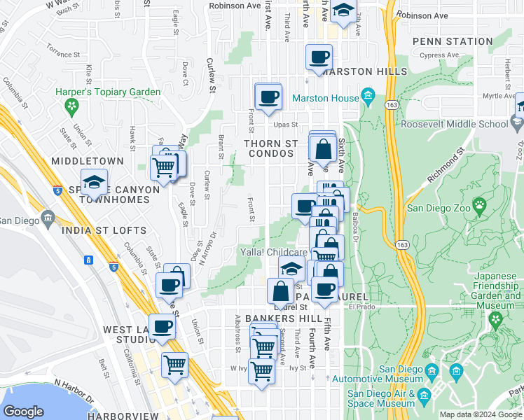 map of restaurants, bars, coffee shops, grocery stores, and more near 2926 Front Street in San Diego