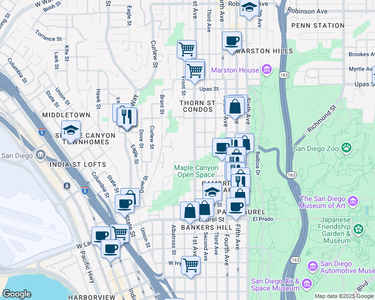map of restaurants, bars, coffee shops, grocery stores, and more near 2926 Front Street in San Diego