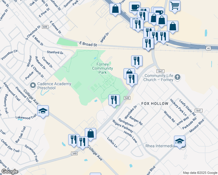 map of restaurants, bars, coffee shops, grocery stores, and more near 241 South Farm to Market 548 in Forney