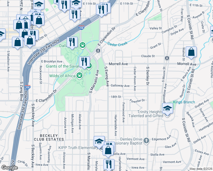 map of restaurants, bars, coffee shops, grocery stores, and more near 1102 South Ewing Avenue in Dallas