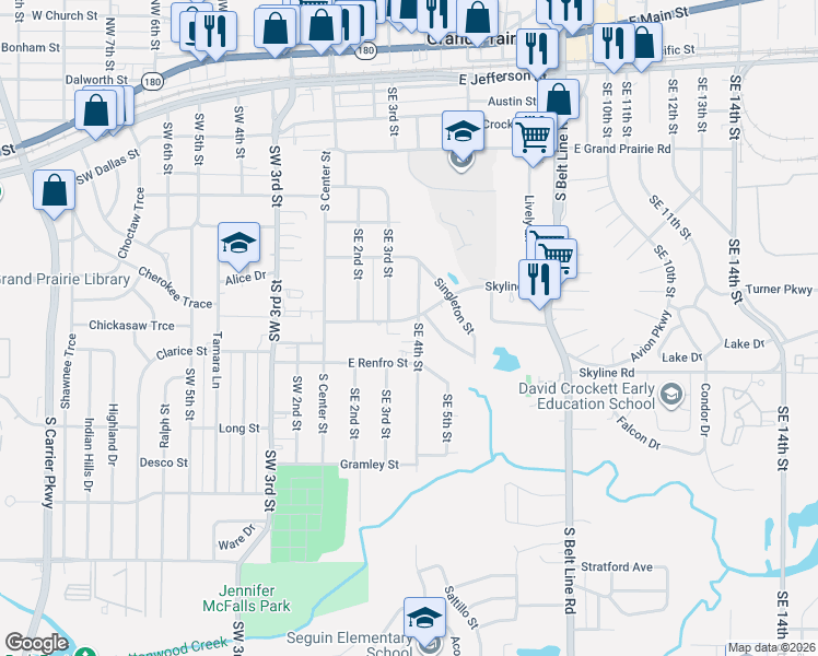map of restaurants, bars, coffee shops, grocery stores, and more near 809 Southeast 4th Street in Grand Prairie