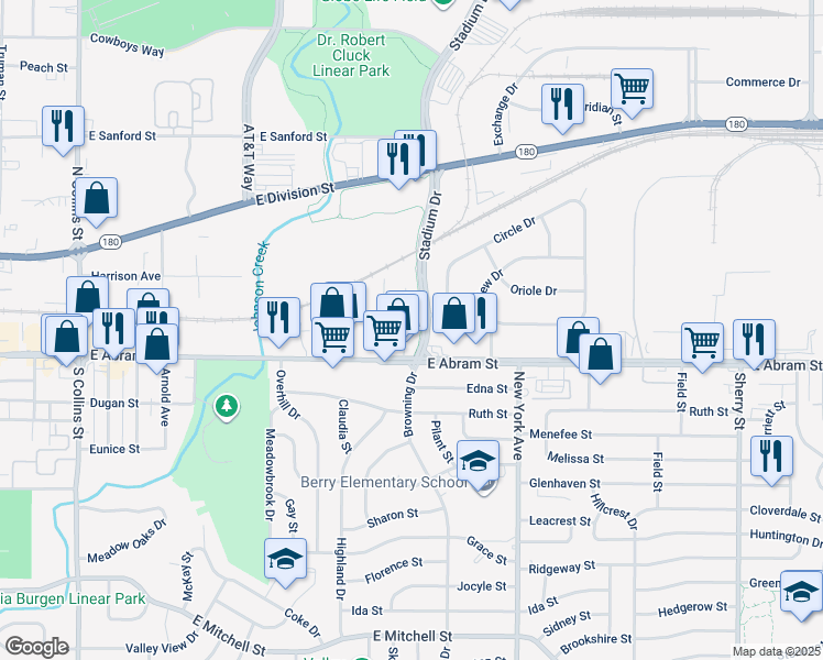 map of restaurants, bars, coffee shops, grocery stores, and more near 134 Browning Drive in Arlington