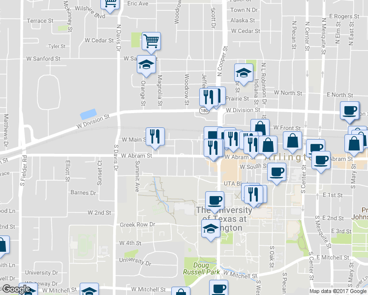 map of restaurants, bars, coffee shops, grocery stores, and more near 809 West Abram Street in Arlington