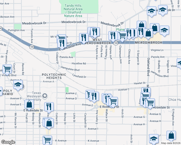 map of restaurants, bars, coffee shops, grocery stores, and more near 3613 Lynnfield Drive in Fort Worth