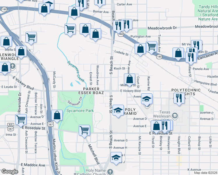 map of restaurants, bars, coffee shops, grocery stores, and more near 2555 East Vickery Boulevard in Fort Worth