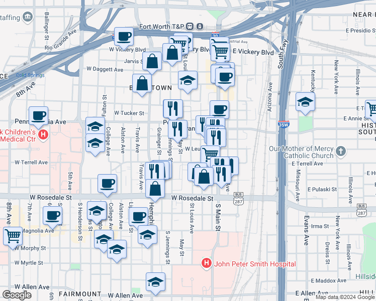 map of restaurants, bars, coffee shops, grocery stores, and more near 815 May Street in Fort Worth