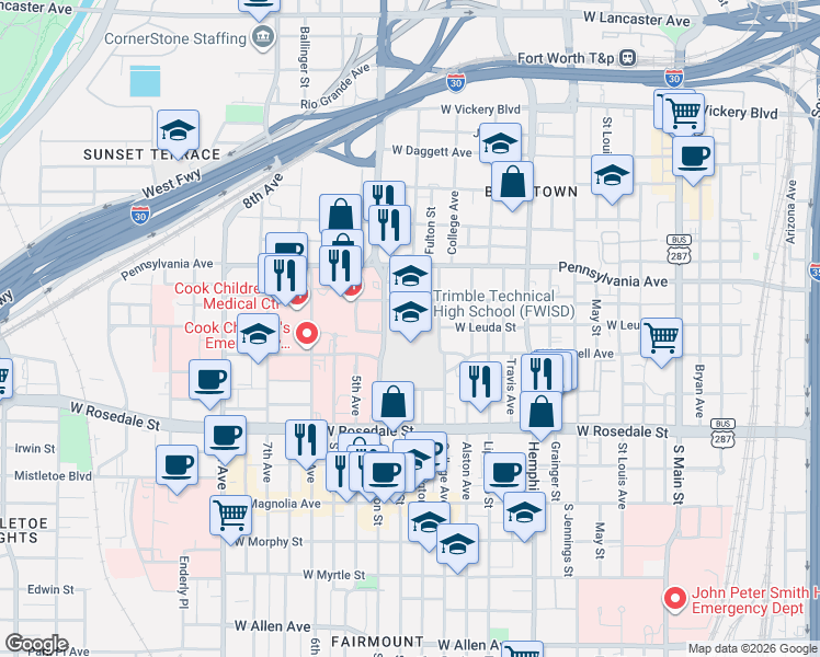 map of restaurants, bars, coffee shops, grocery stores, and more near 1200 Cooper Street in Fort Worth