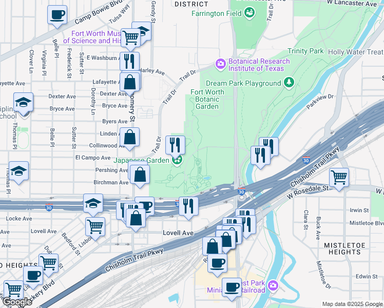 map of restaurants, bars, coffee shops, grocery stores, and more near Rock Springs Road in Fort Worth