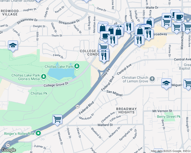 map of restaurants, bars, coffee shops, grocery stores, and more near 6333 College Grove Way in San Diego