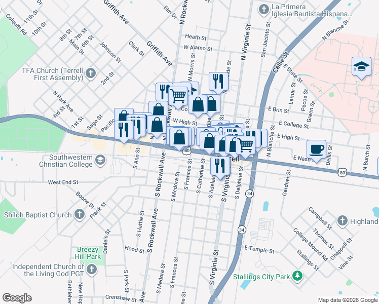 map of restaurants, bars, coffee shops, grocery stores, and more near 209 West Moore Avenue in Terrell
