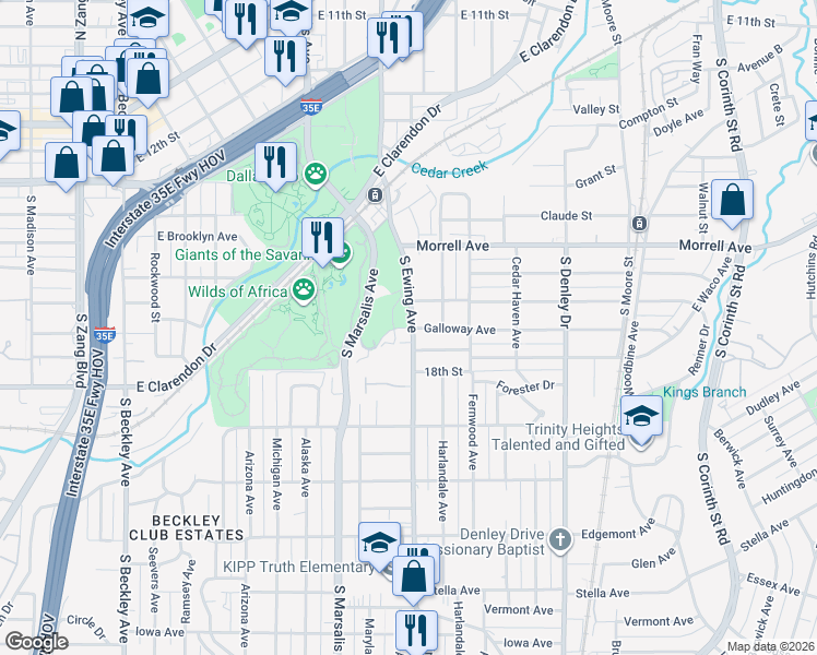 map of restaurants, bars, coffee shops, grocery stores, and more near 1102 South Ewing Avenue in Dallas
