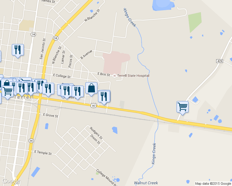 map of restaurants, bars, coffee shops, grocery stores, and more near 202 North Burch Street in Terrell