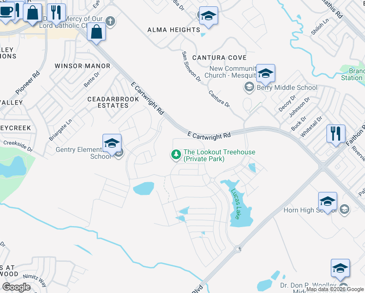 map of restaurants, bars, coffee shops, grocery stores, and more near 1700-2264 East Cartwright Road in Mesquite