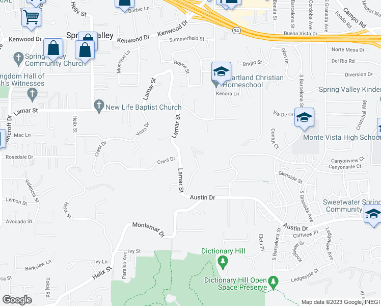 map of restaurants, bars, coffee shops, grocery stores, and more near 9594 Lamar Street in Spring Valley