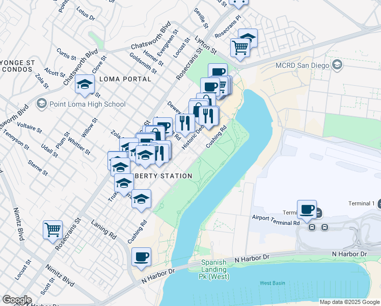 map of restaurants, bars, coffee shops, grocery stores, and more near 2555-2575 Cushing Rd in San Diego