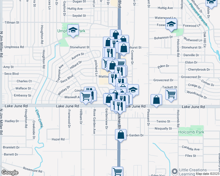 map of restaurants, bars, coffee shops, grocery stores, and more near 8043 North Reno Court in Dallas