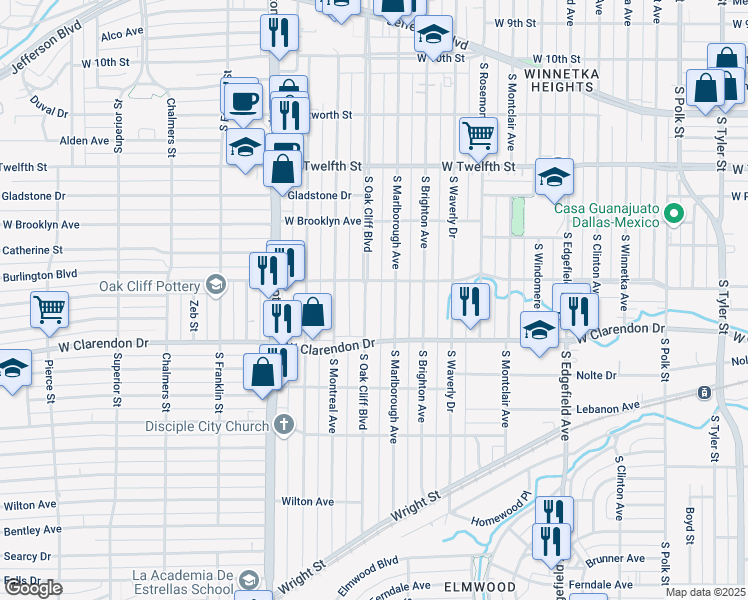 map of restaurants, bars, coffee shops, grocery stores, and more near 929 South Marlborough Avenue in Dallas