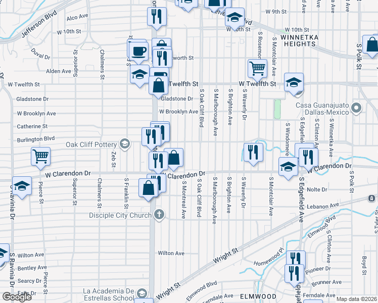 map of restaurants, bars, coffee shops, grocery stores, and more near 929 South Oak Cliff Boulevard in Dallas