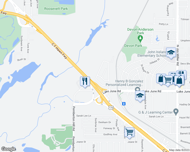 map of restaurants, bars, coffee shops, grocery stores, and more near 1409 Mission Hills Lane in Dallas