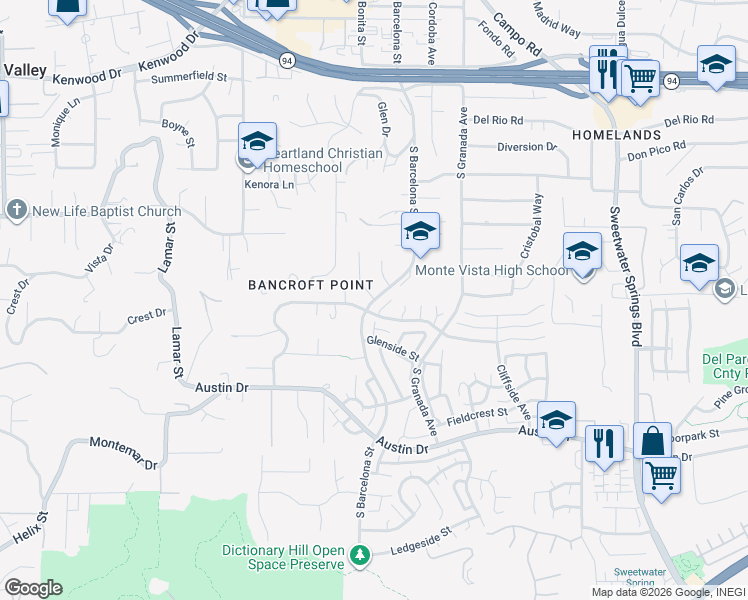 map of restaurants, bars, coffee shops, grocery stores, and more near South Barcelona Street in Spring Valley