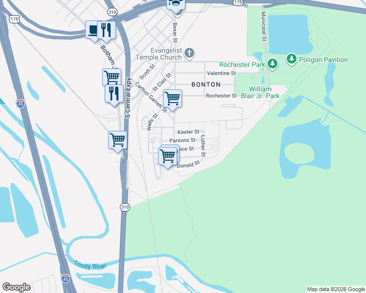 map of restaurants, bars, coffee shops, grocery stores, and more near 2621 Choice Street in Dallas