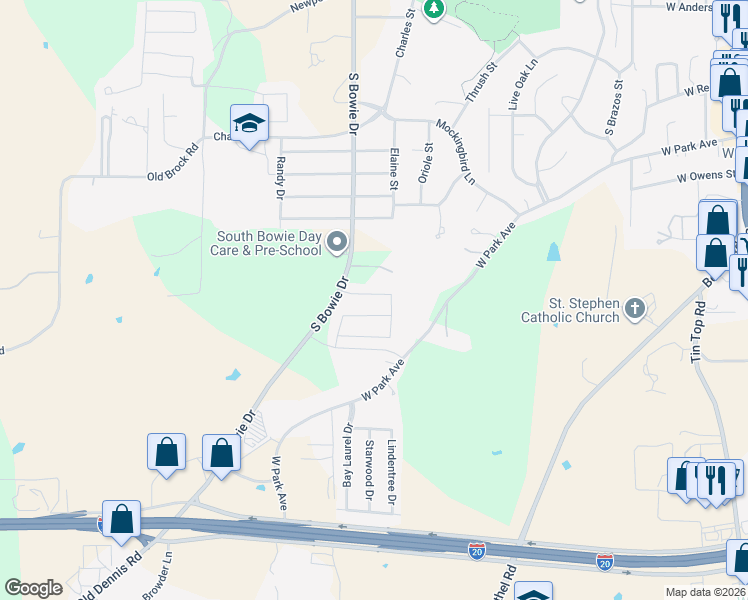 map of restaurants, bars, coffee shops, grocery stores, and more near 716 West Park Avenue in Weatherford