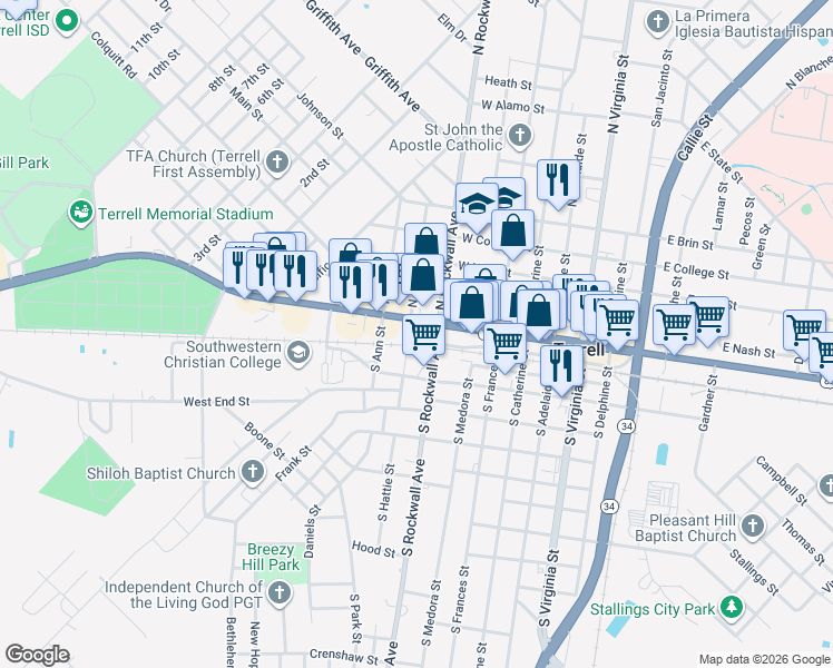 map of restaurants, bars, coffee shops, grocery stores, and more near 403 West Moore Avenue in Terrell