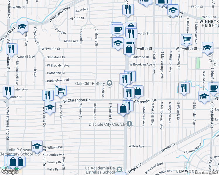 map of restaurants, bars, coffee shops, grocery stores, and more near 919 South Franklin Street in Dallas