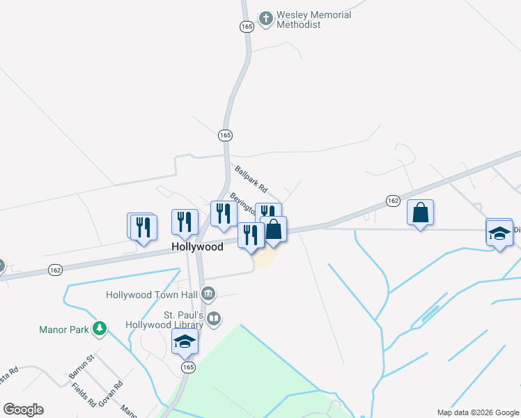 map of restaurants, bars, coffee shops, grocery stores, and more near 6225 Bevington Road in Hollywood