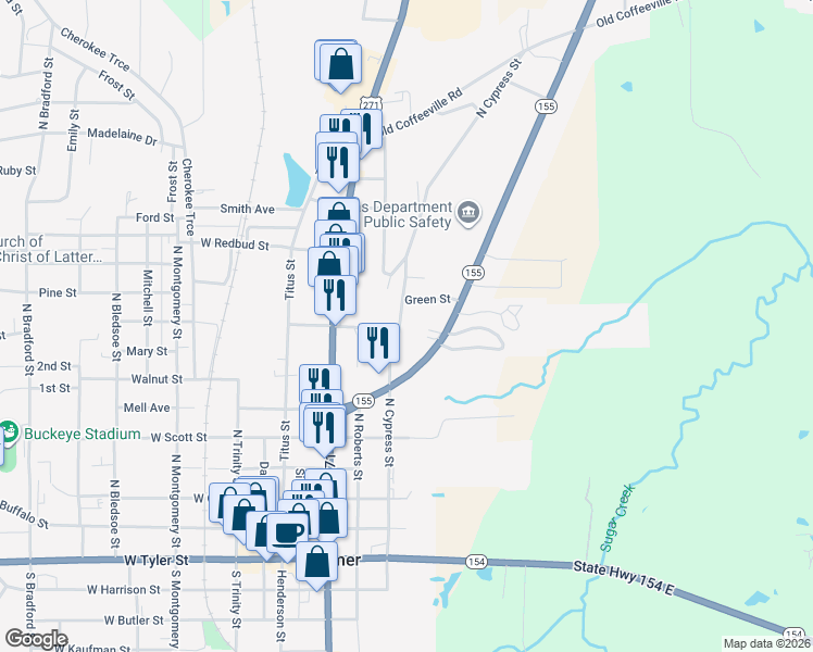 map of restaurants, bars, coffee shops, grocery stores, and more near 829 North Cypress Street in Gilmer