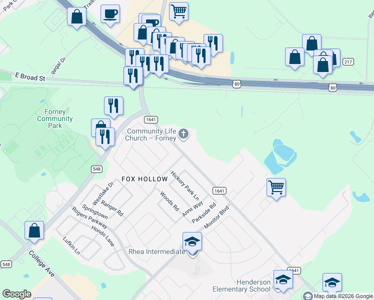 map of restaurants, bars, coffee shops, grocery stores, and more near 254 Farm to Market Road 1641 in Forney