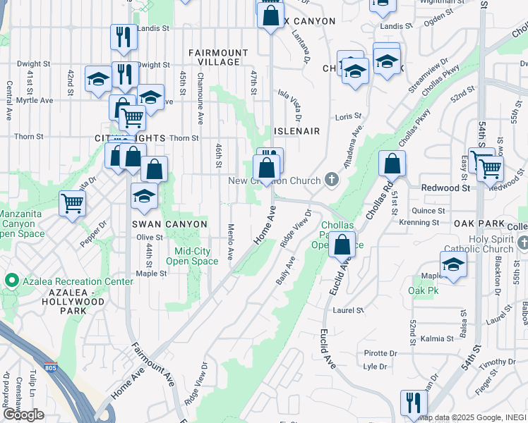 map of restaurants, bars, coffee shops, grocery stores, and more near 2877 47th Street in San Diego