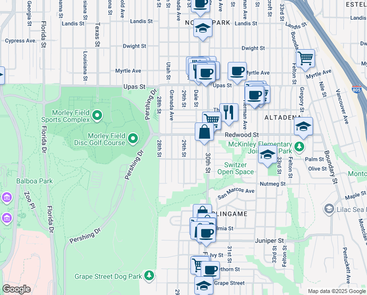 map of restaurants, bars, coffee shops, grocery stores, and more near 2864 Palm Street in San Diego