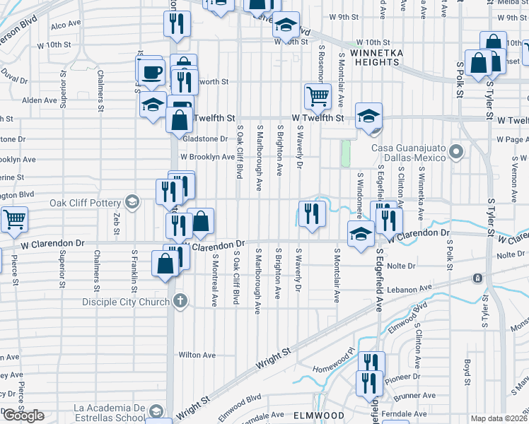 map of restaurants, bars, coffee shops, grocery stores, and more near 929 South Marlborough Avenue in Dallas