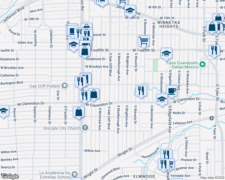 map of restaurants, bars, coffee shops, grocery stores, and more near 929 South Marlborough Avenue in Dallas