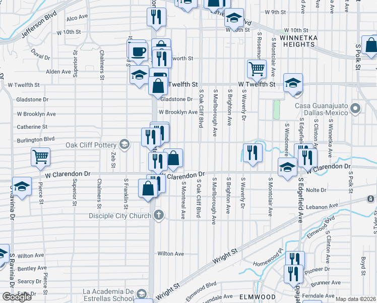 map of restaurants, bars, coffee shops, grocery stores, and more near 929 South Oak Cliff Boulevard in Dallas