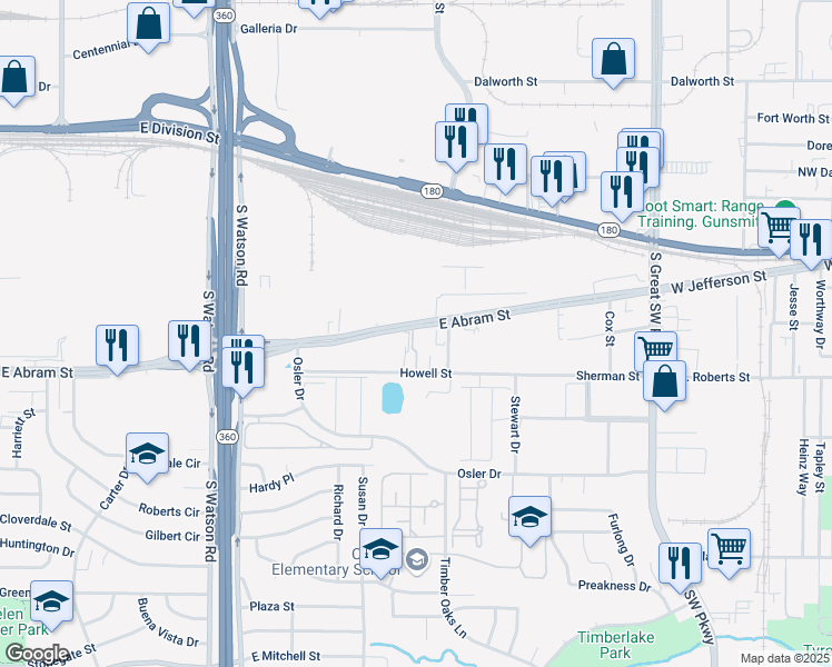 map of restaurants, bars, coffee shops, grocery stores, and more near 3020 East Abram Street in Arlington