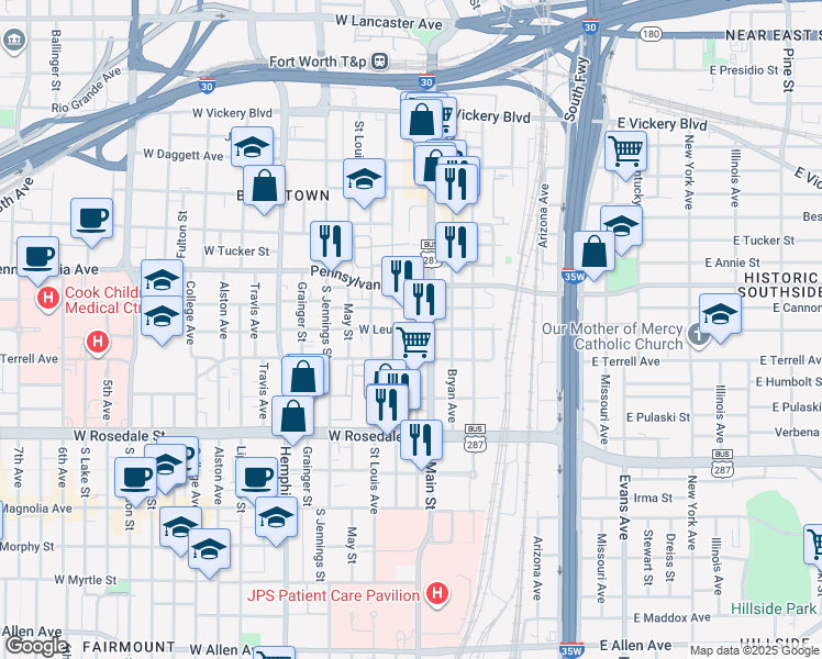 map of restaurants, bars, coffee shops, grocery stores, and more near 810 South Main Street in Fort Worth