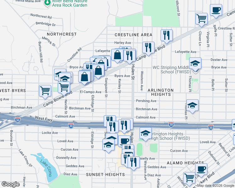 map of restaurants, bars, coffee shops, grocery stores, and more near 4718 Pershing Avenue in Fort Worth