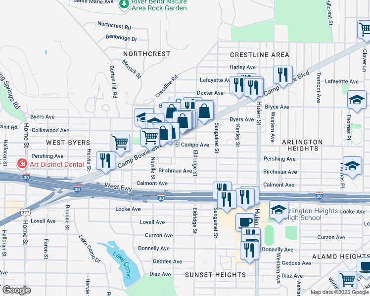 map of restaurants, bars, coffee shops, grocery stores, and more near 4904 Pershing Avenue in Fort Worth