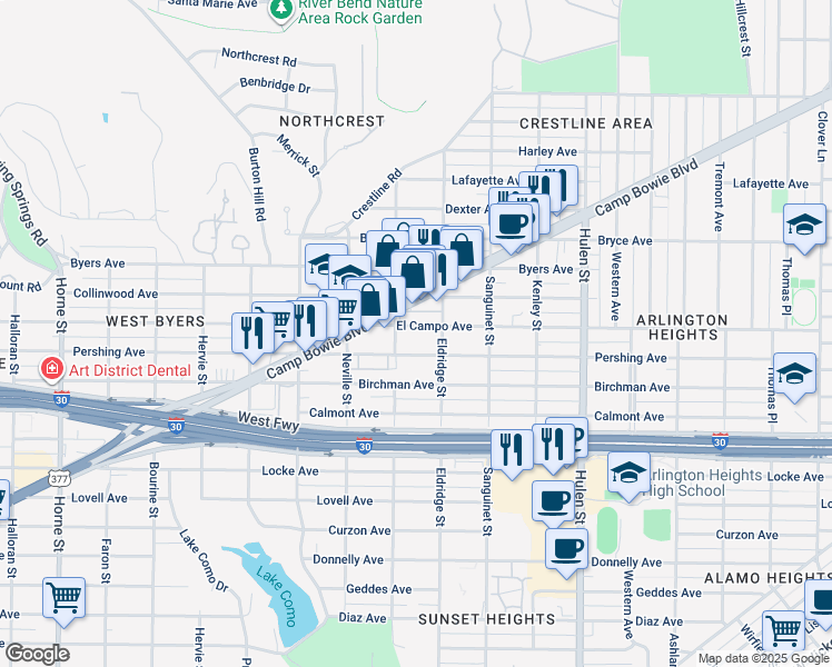 map of restaurants, bars, coffee shops, grocery stores, and more near 4904 Pershing Avenue in Fort Worth