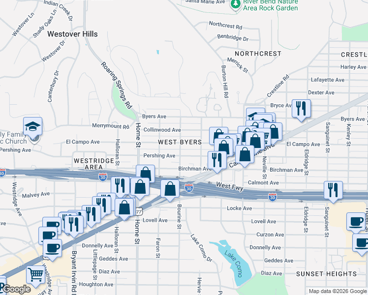map of restaurants, bars, coffee shops, grocery stores, and more near 5429 Pershing Avenue in Fort Worth